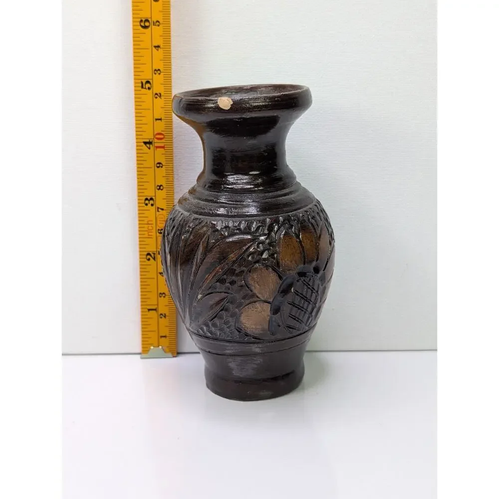 Signed Studio Pottery Vase Brown Glazed Carved Floral Handmade 4.5